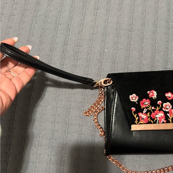 White House Black Market Black Clutch with Red Floral Embroidery - Picture 7 of 10